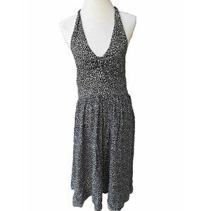 Warehouse Halter Neck light Hi Lo Midi Fit and Flare Black Leopard Dress 10 US